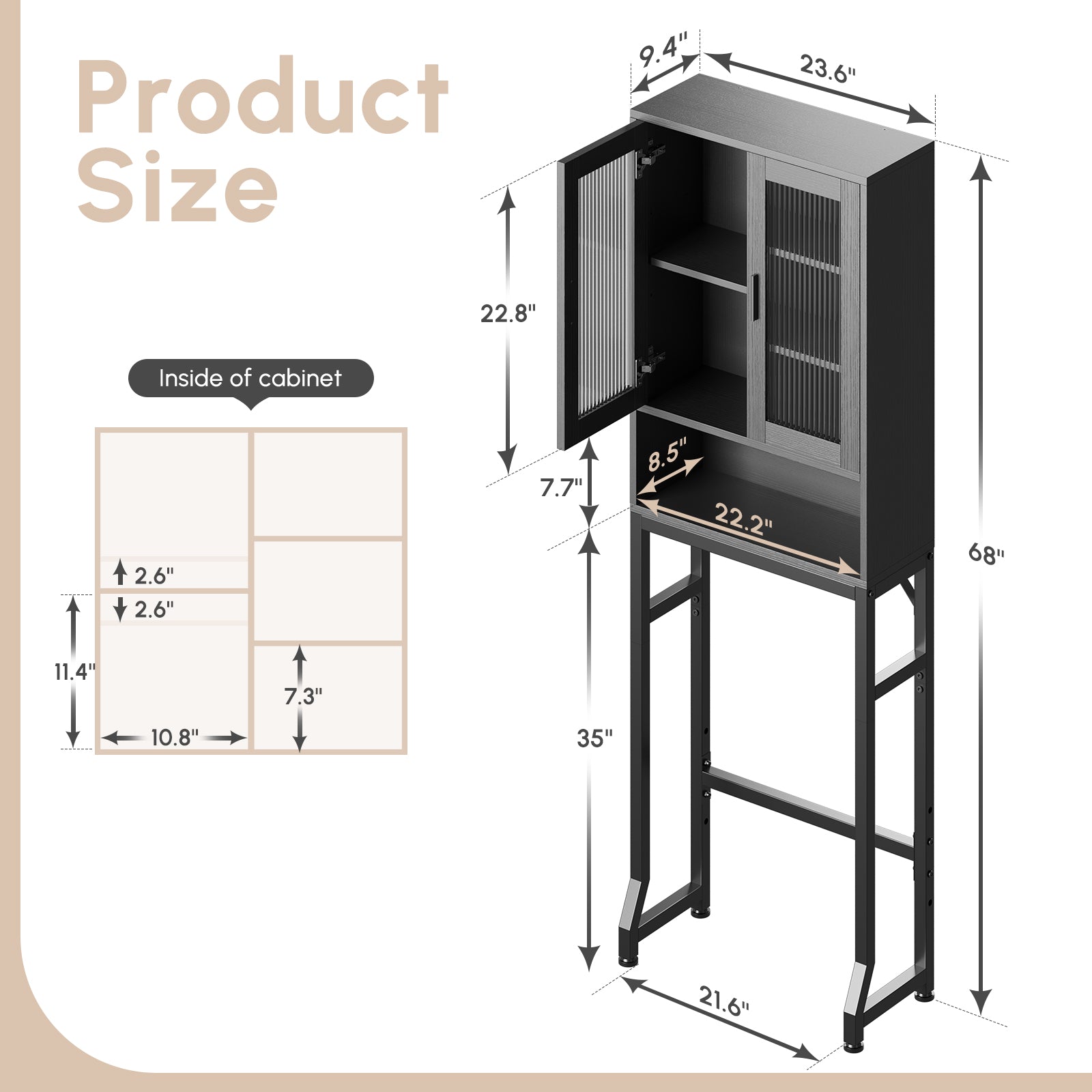 Black Over-the-Toilet Cabinet with Glass Door, Dimensions and Clearance for Standard Toilets, Bathroom Organizer Shelf