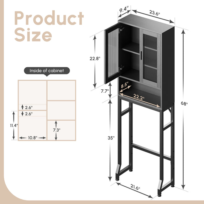 Black Over-the-Toilet Cabinet with Glass Door, Dimensions and Clearance for Standard Toilets, Bathroom Organizer Shelf