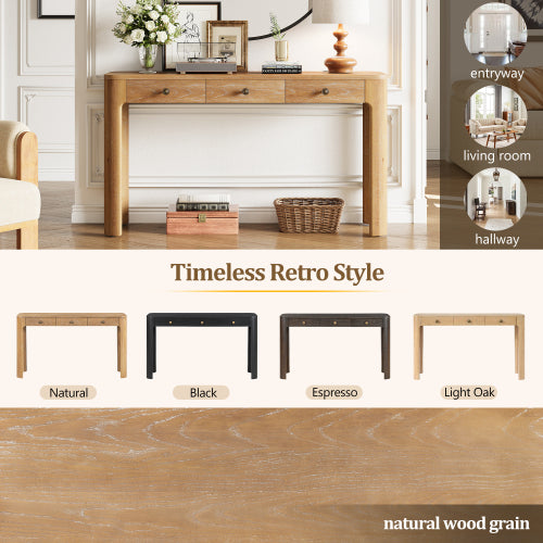TREXM Rustic Console Table with 3 Concealed Drawers, Farmhouse Entryway Sofa Table with Curved Corners & Thick Legs for Living Room & Hallway, Natural