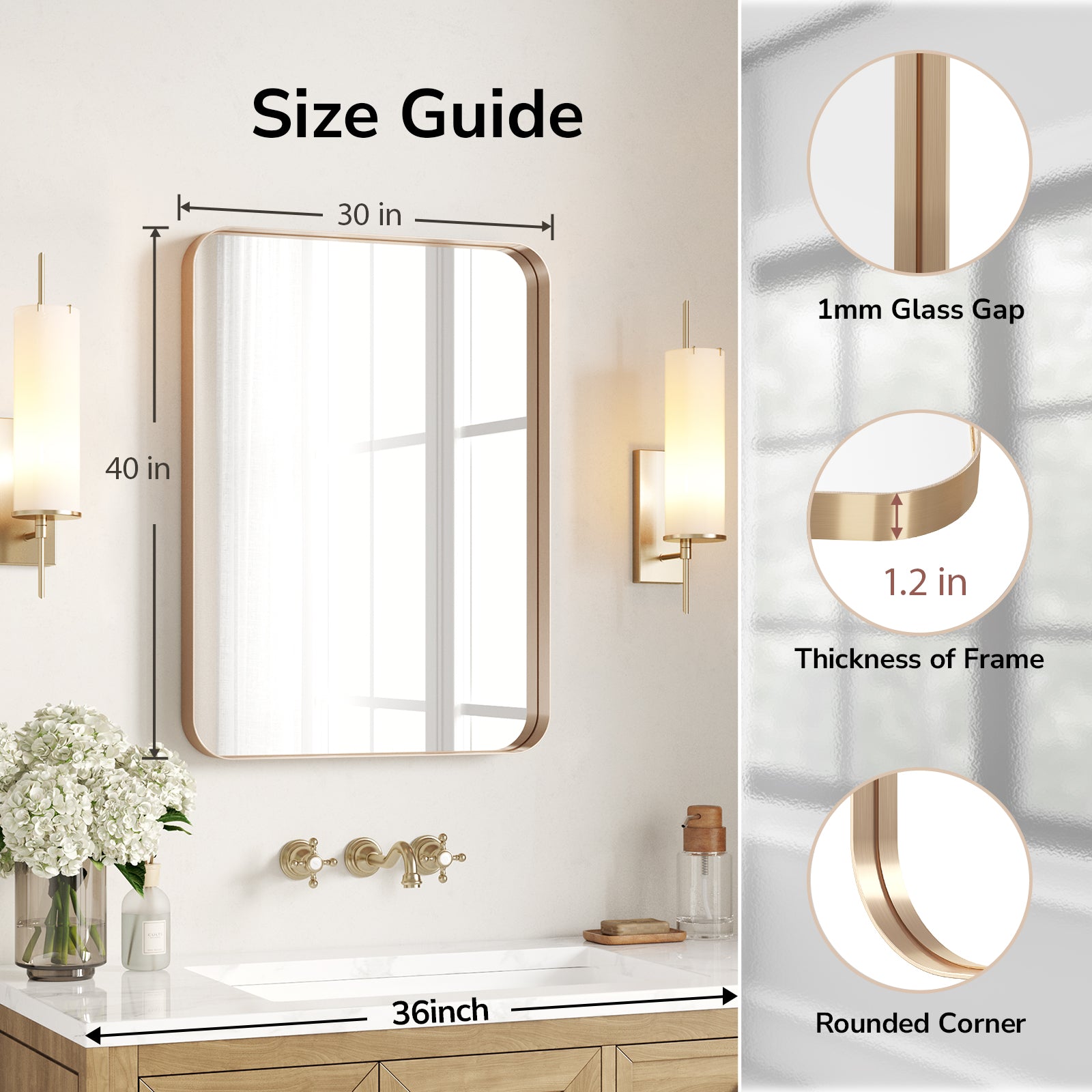 USHOWER 30 x 40 inch brushed gold bathroom mirror dimensions with 1.2 inch frame and rounded corners