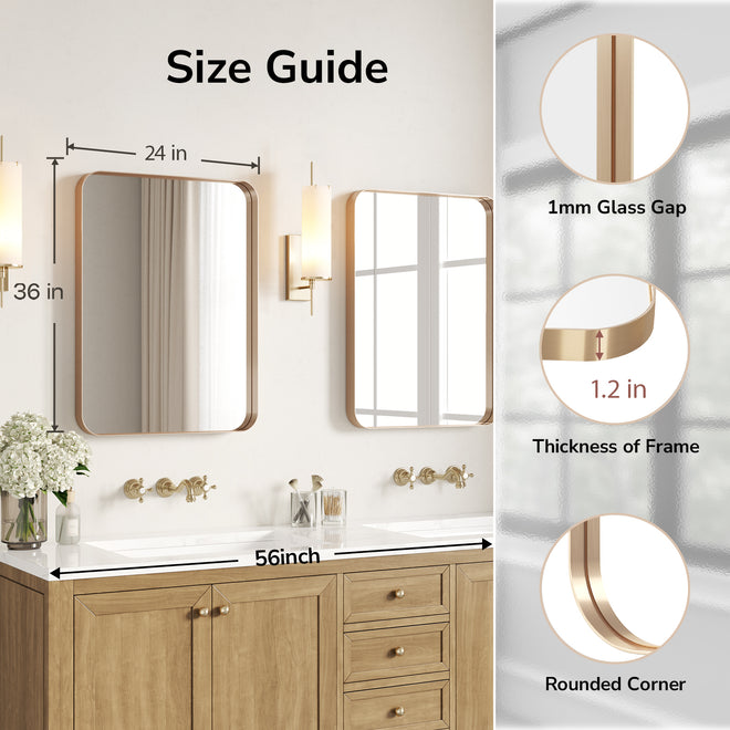 USHOWER 24 x 36 inch brushed gold bathroom mirror dimensions with 1.2 inch frame and rounded corners