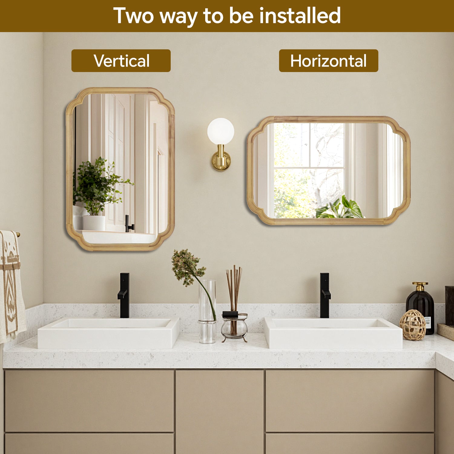 Natural Wood 20" x 30" Rounded Corner Solid Wood Frame Wall Mirror, Decorative Wall Mirror for Bedroom