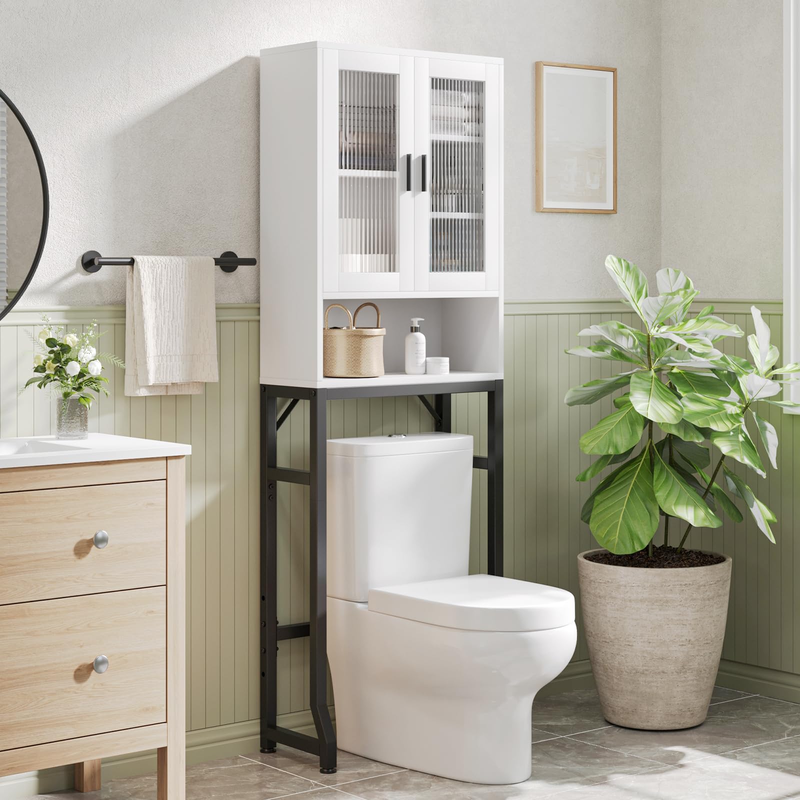 USHOWER Stokado Series – Over-the-Toilet Storage Cabinet with Glass Door Design, Modern Storage Style in Bathroom Setting