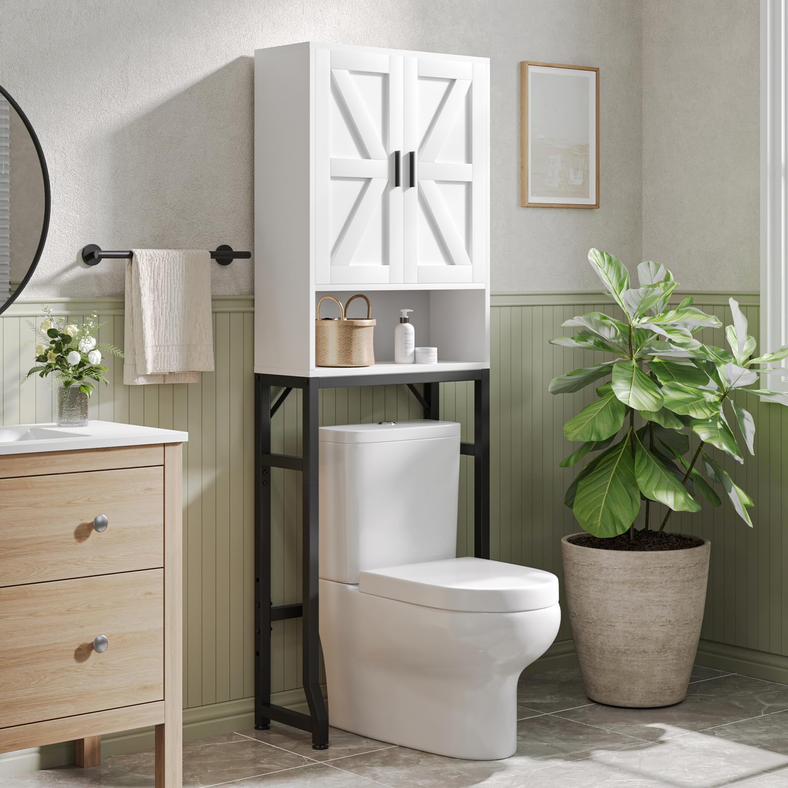 USHOWER Stokado Series – Over-the-Toilet Storage Cabinet with Barn Door Design, Modern Farmhouse Style in Bathroom Setting