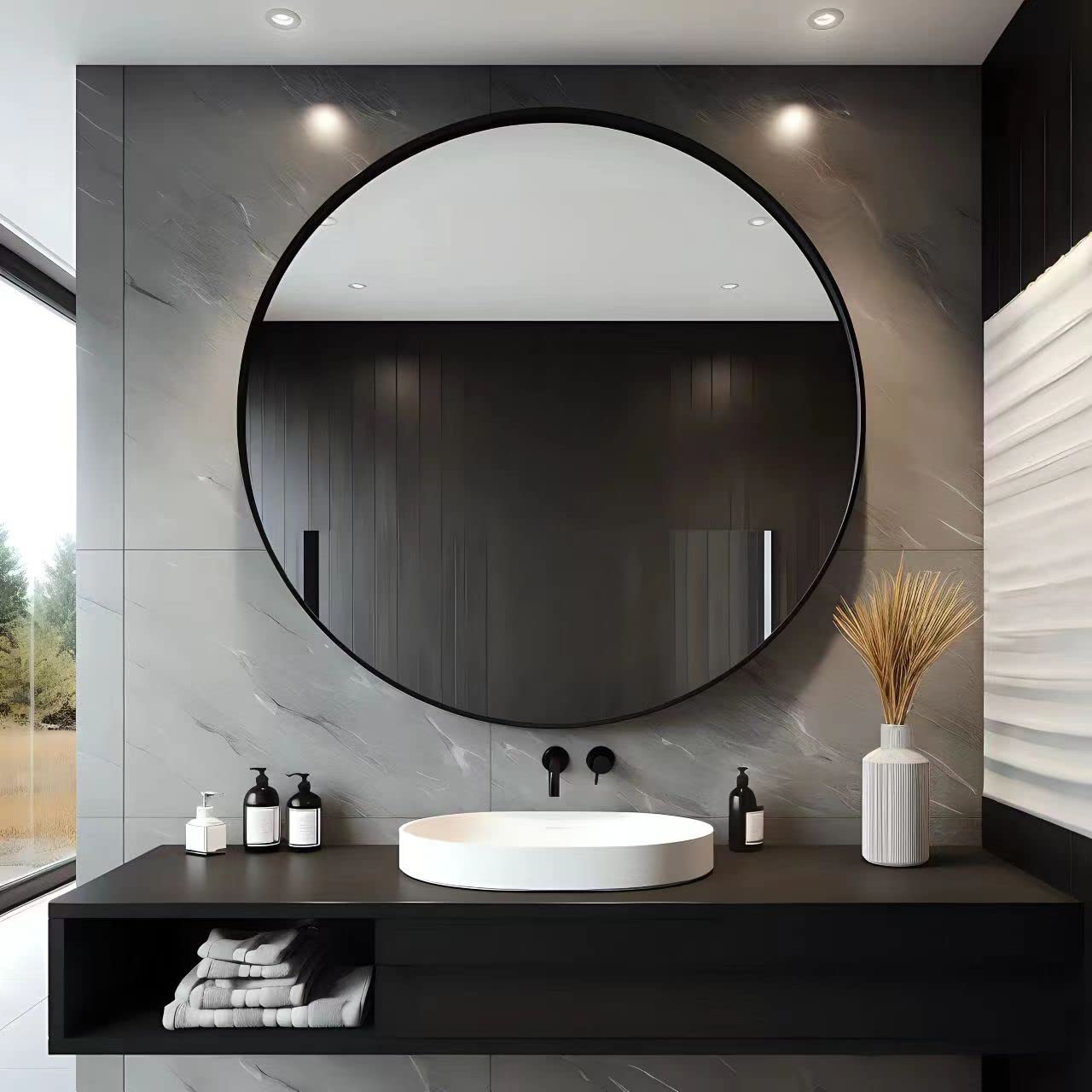 USHOWER Nwar Series 30 Black Frame Round Bathroom Mirror Above White Vessel Sink Vanity with Black Cabinet and Faucet