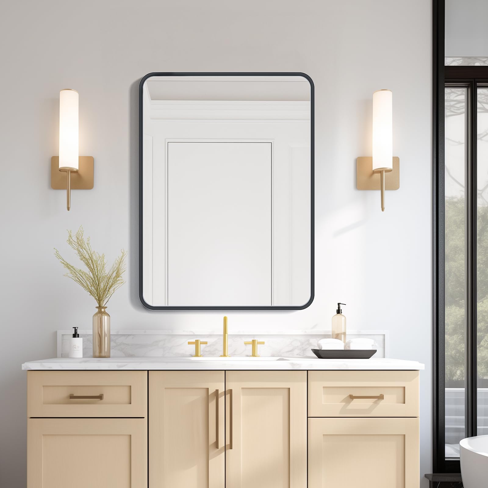 USHOWER Nwar Series 22x30 Black Frame Rectangular Bathroom Mirror Above Vanity with Wood Cabinets, Gold Faucet, Sconce