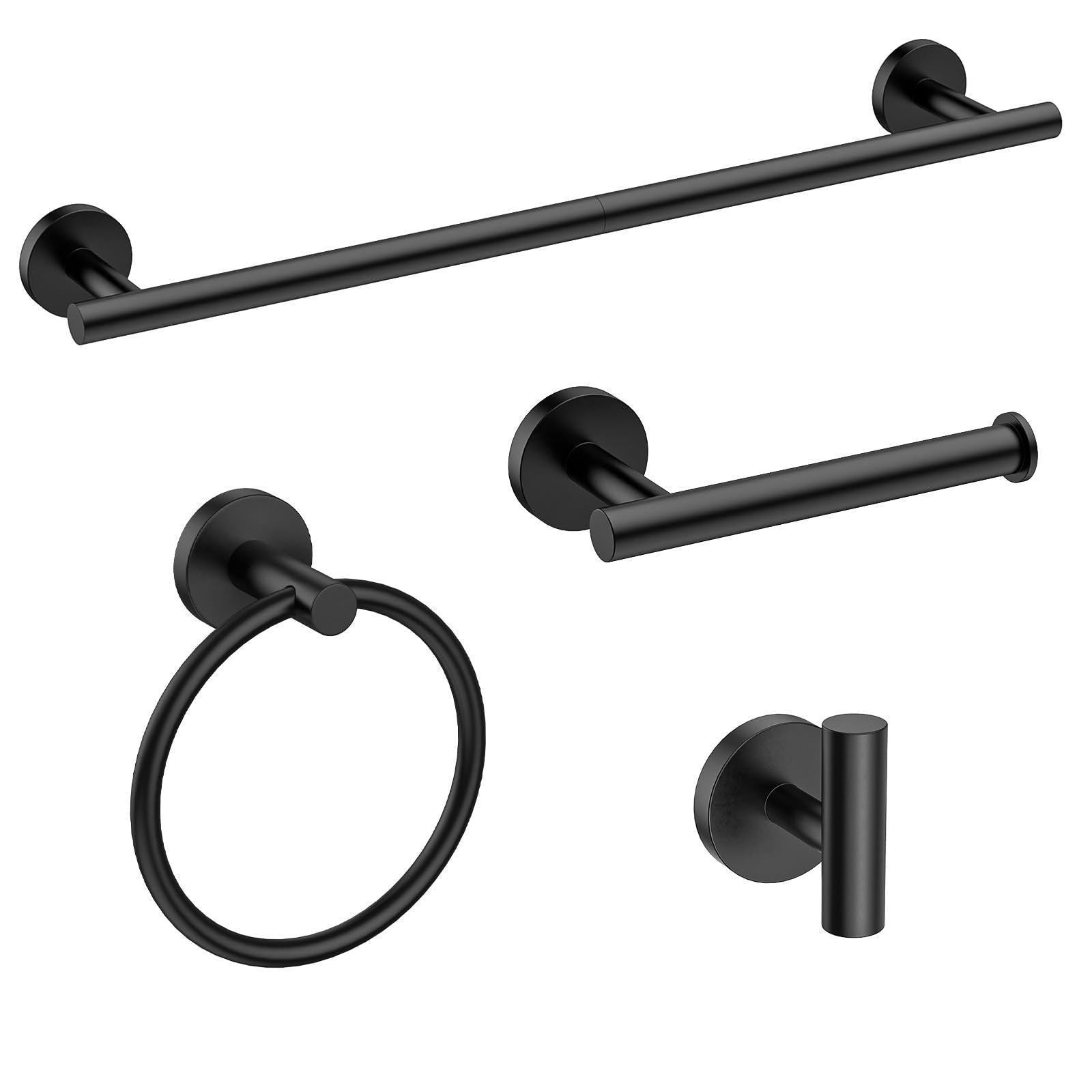 USHOWER Matuko 4-Piece Matte Black Bathroom Hardware Set with Towel Bar, Towel Ring, Toilet Paper Holder, and Robe Hook