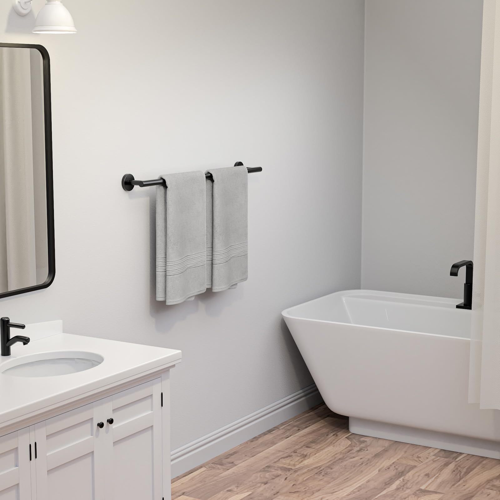 USHOWER Matuko Series 24'' Matte Black Towel Bar Above Vanity in Modern Bathroom with White Cabinet and Black Faucet