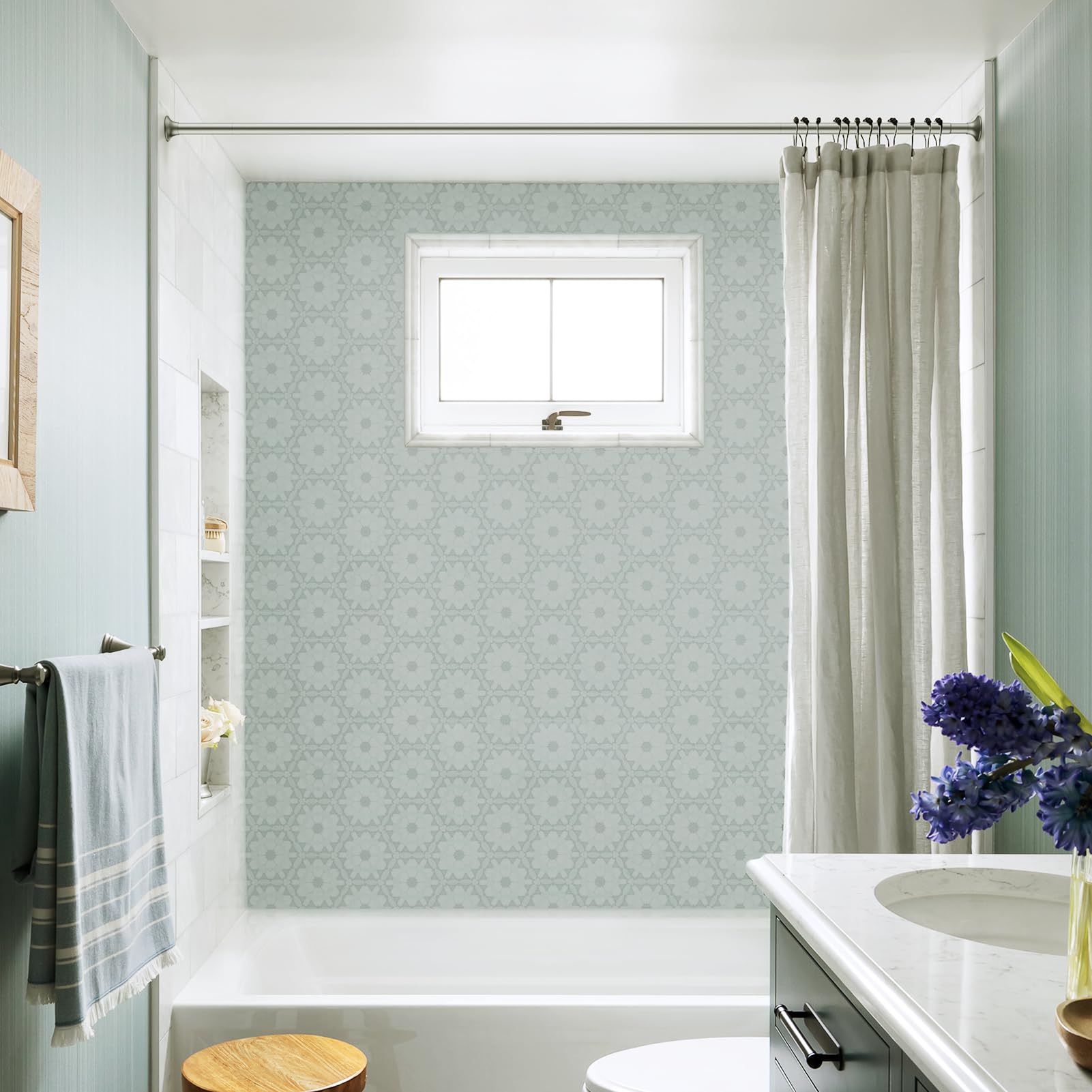 USHOWER Matuko Series – Brushed Nickel Shower Curtain Rod Installed in Bathroom Over Bathtub with White Curtain