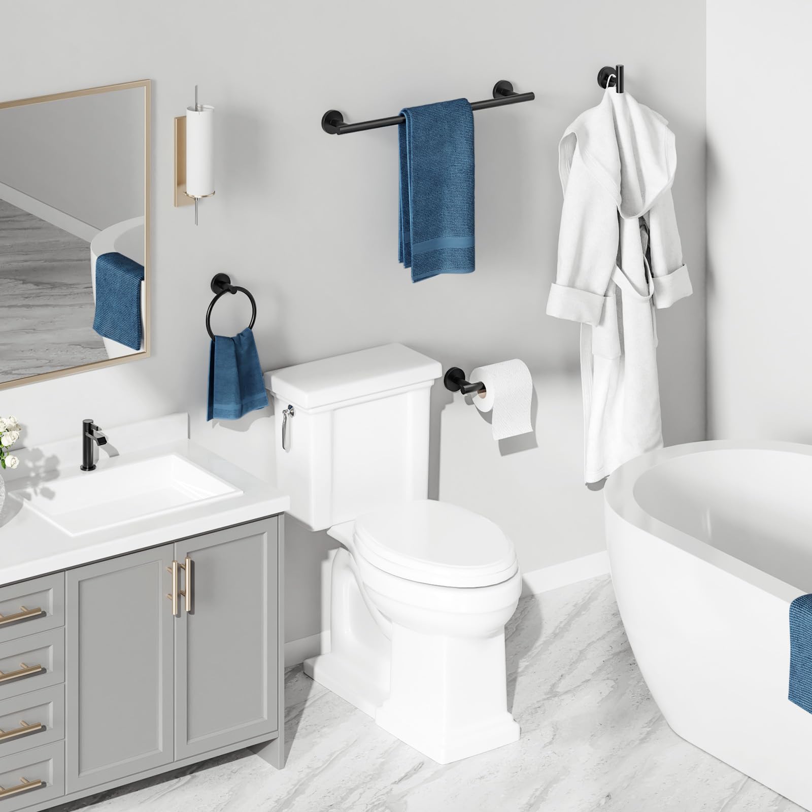 USHOWER Matuko 4-Piece Matte Black Bathroom Hardware Set Installed in Bathroom Setting