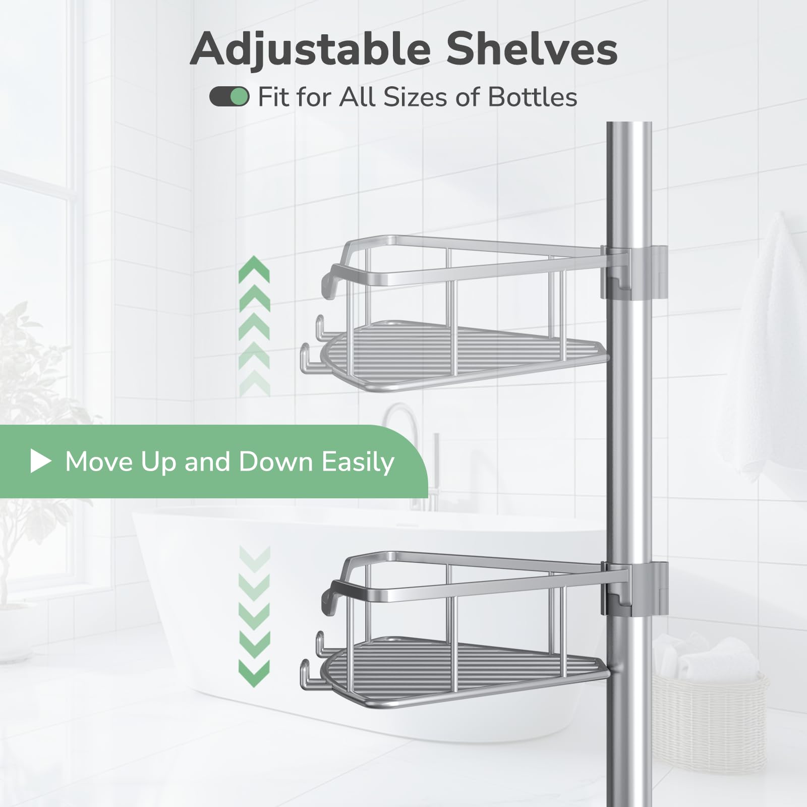 Adjustable Shelf Heights on USHOWER Stokado Corner Shower Caddy Tension Pole Fit Bottles of All Sizes