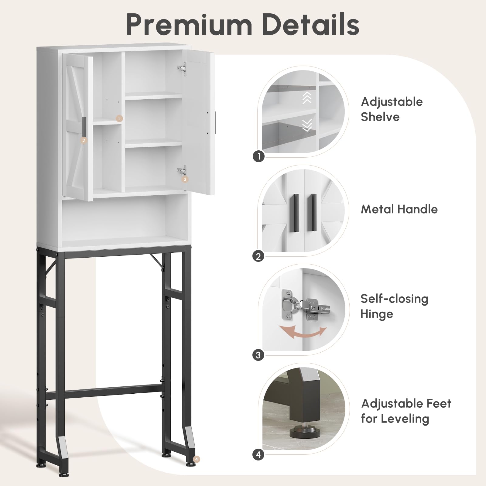 USHOWER Stokado Series – Bathroom Storage Rack Featuring Adjustable Shelves, Soft-Closing Hinges, and Adjustable Feet