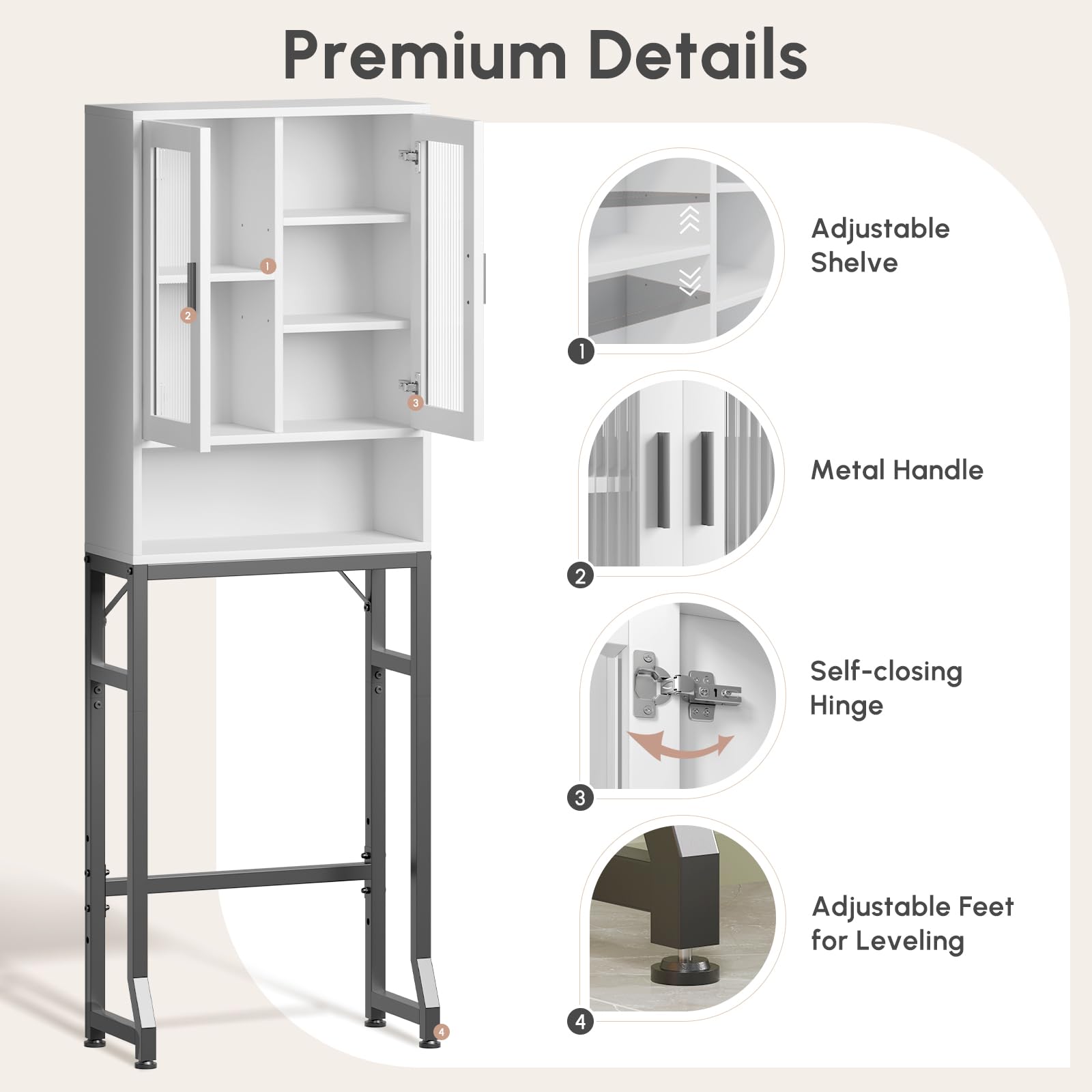 USHOWER Stokado Series – Bathroom Storage Rack Featuring Adjustable Shelves, Soft-Closing Hinges, and Adjustable Feet