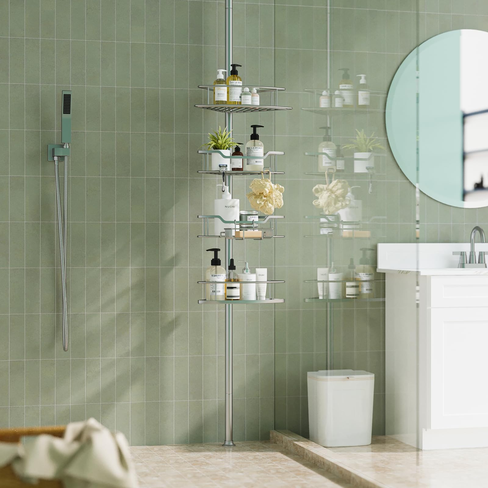 USHOWER Stokado Silver Tension Pole Caddy Installed Floor-to-Ceiling Beside Shower for Convenient Vertical Storage