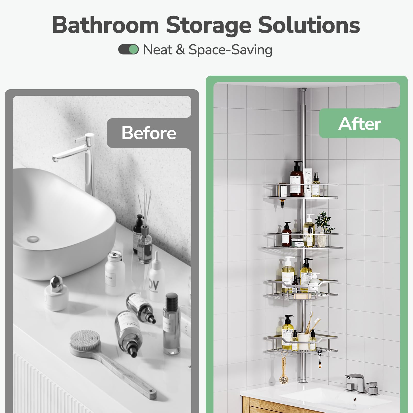 USHOWER Stokado Corner Shower Caddy Tension Pole Silver to Save Space and Declutter Countertops as a Storage Solution 