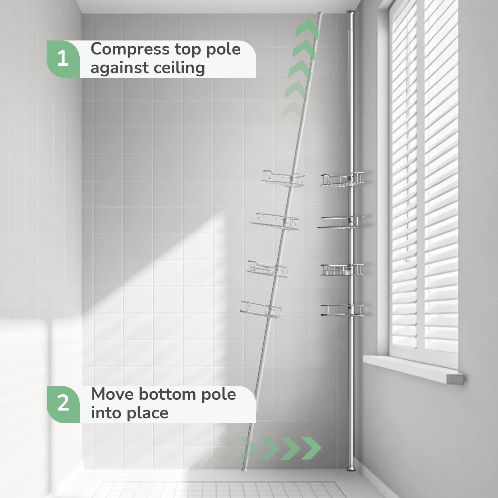 Easy Setup of USHOWER Stokado Shower Caddy Tension Pole Silver– Press Top to Ceiling, Adjust Bottom to Lock in Place