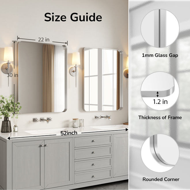 USHOWER 22 x 30 inch brushed nickel bathroom mirror dimensions with 1.2 inch frame and rounded corners