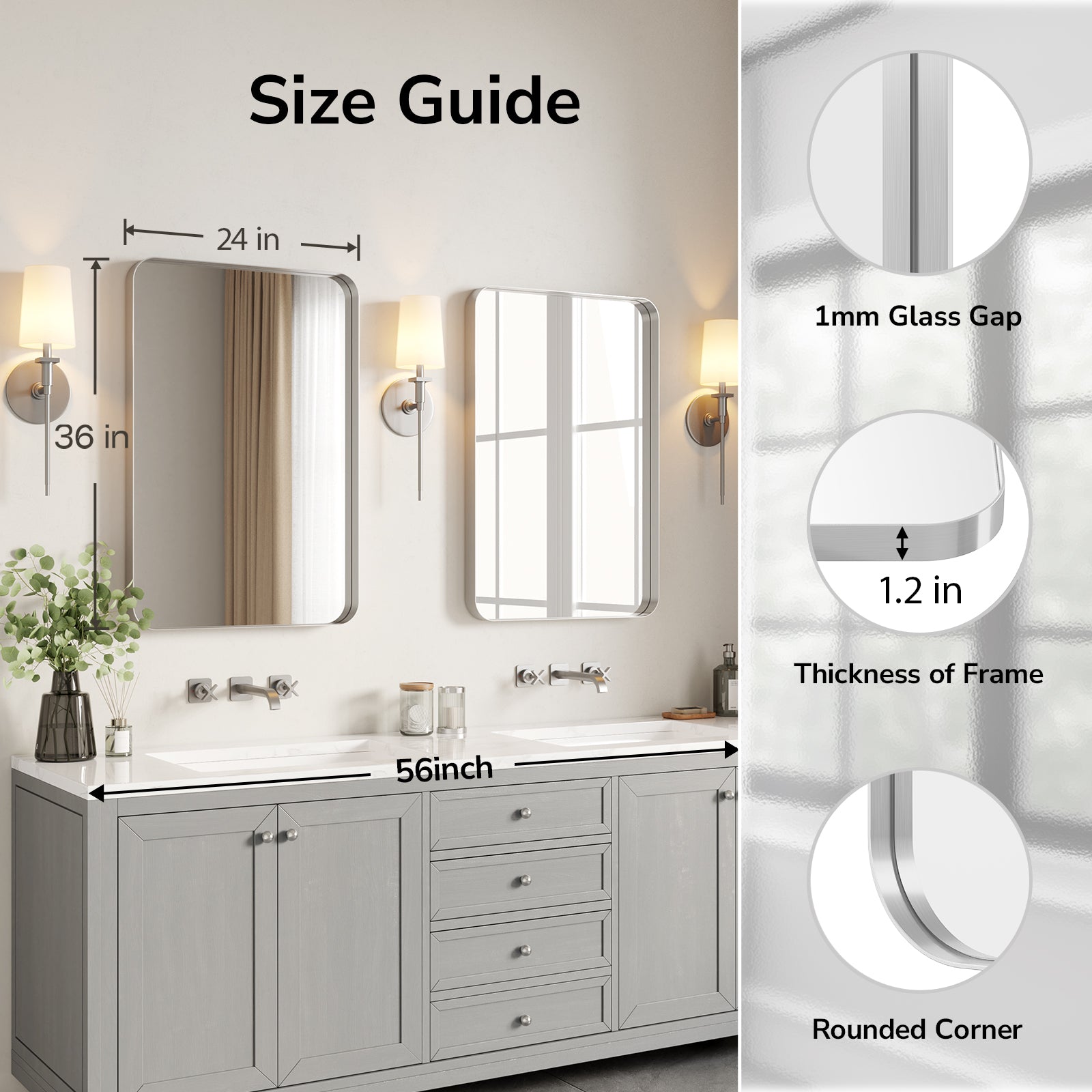 USHOWER 24 x 36 inch brushed nickel bathroom mirror dimensions with 1.2 inch frame and rounded corners