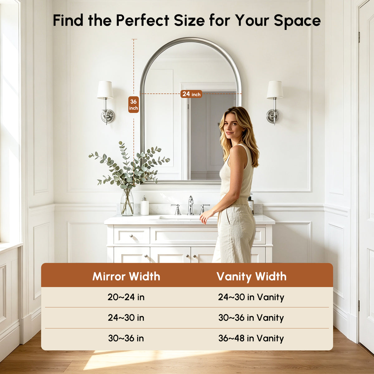 USHOWER Curva Brushed Nickel Arched Mirror 24x36 Inch, Arched Bathroom Mirror