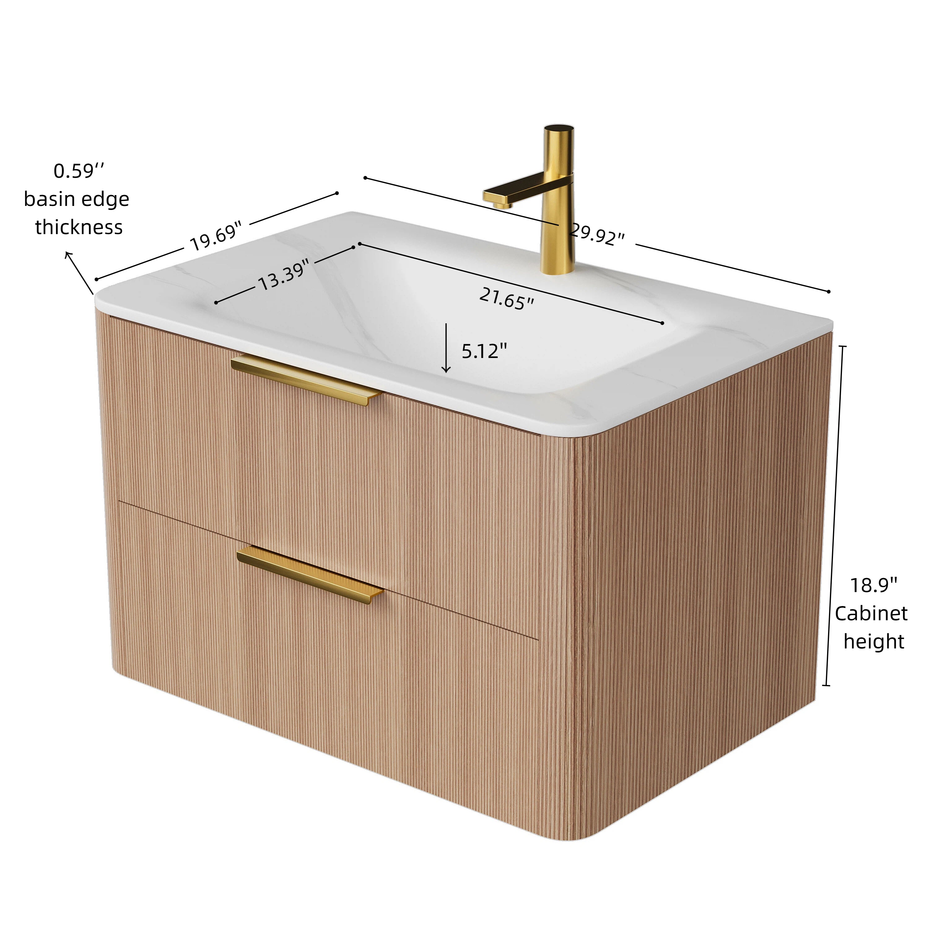 ZANE 30" Bathroom Vanity with Sink, Floating Ultra-Pinstriped Plywood Storage Cabinet with Drawers, Carrara White Sintered Stone Hot-bent Integrated Basin, Pre-assembled, Light Natural Woodgrain Color