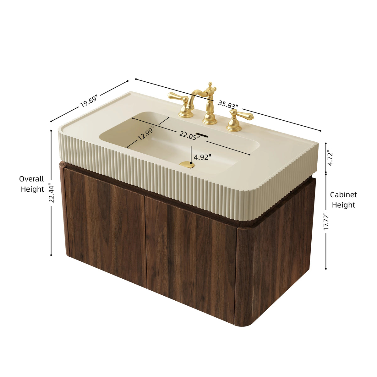 GECO 36" Wall-Mounted Bathroom Vanity with Cream Beige Solid Surface Integrated Basin, Floating Storage Cabinet, Walnut Woodgrain, 8" Widespread 3-Hole Faucet Configuration, Disassembled
