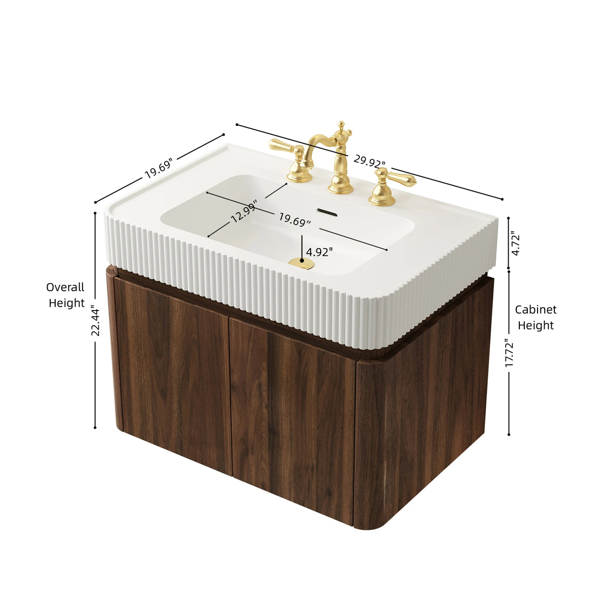 GECO 30" Wall-Mounted Bathroom Vanity with White Solid Surface Integrated Basin, Floating Storage Cabinet, Walnut Woodgrain, 8" Widespread 3-Hole Faucet Configuration, Disassembled