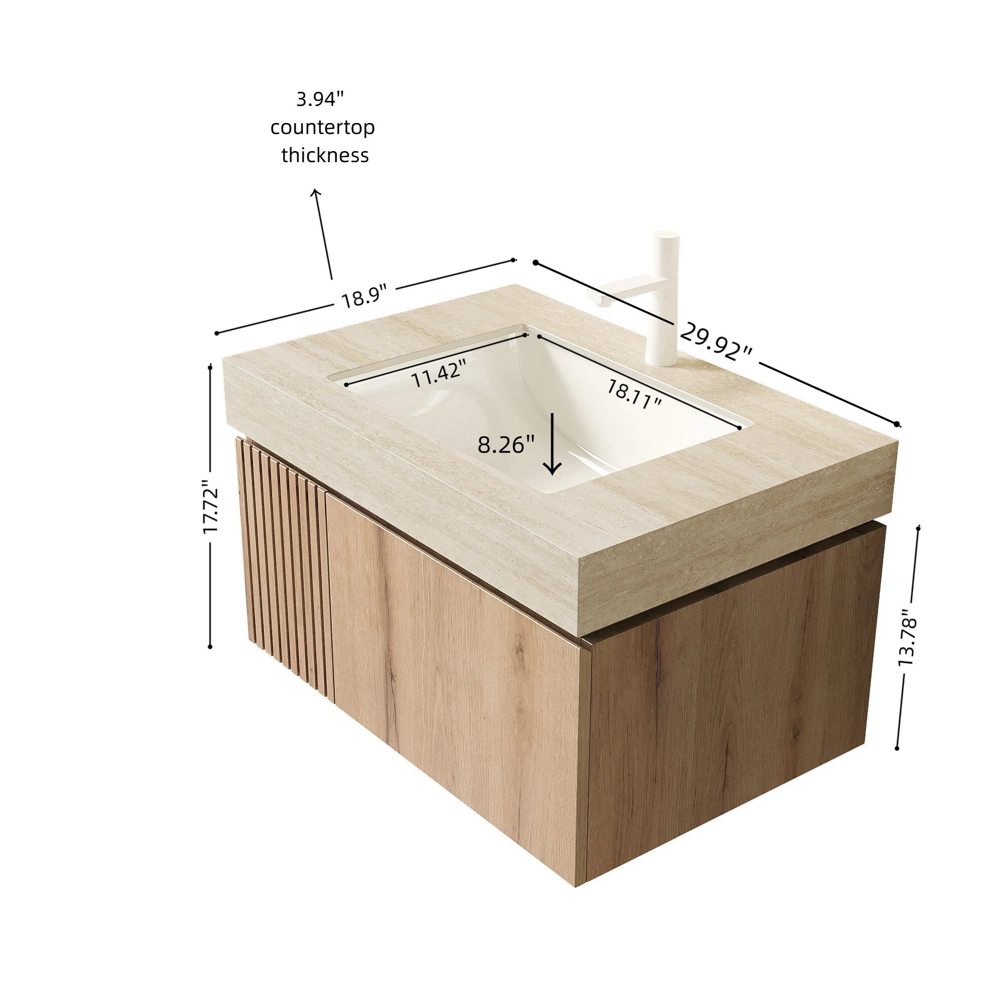 MURI 30" Wall-Mounted Bathroom Vanity with Travertine-Pattern Sintered Stone Top & Ceramic Sink, Floating Cabinet with Drawer and Door, Natural Oak Woodgrain, Pre-Assembled
