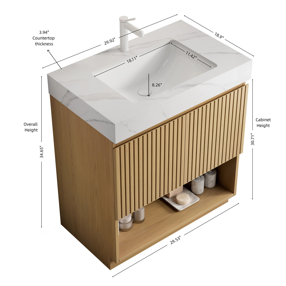 FINO 30" Freestanding Bathroom Vanity with Carrara White Sintered Stone Countertop and Ceramic Basin, Corolla Oak Woodgrain Cabinet, 1 Pre-Drilled Faucet Hole, Disassembled