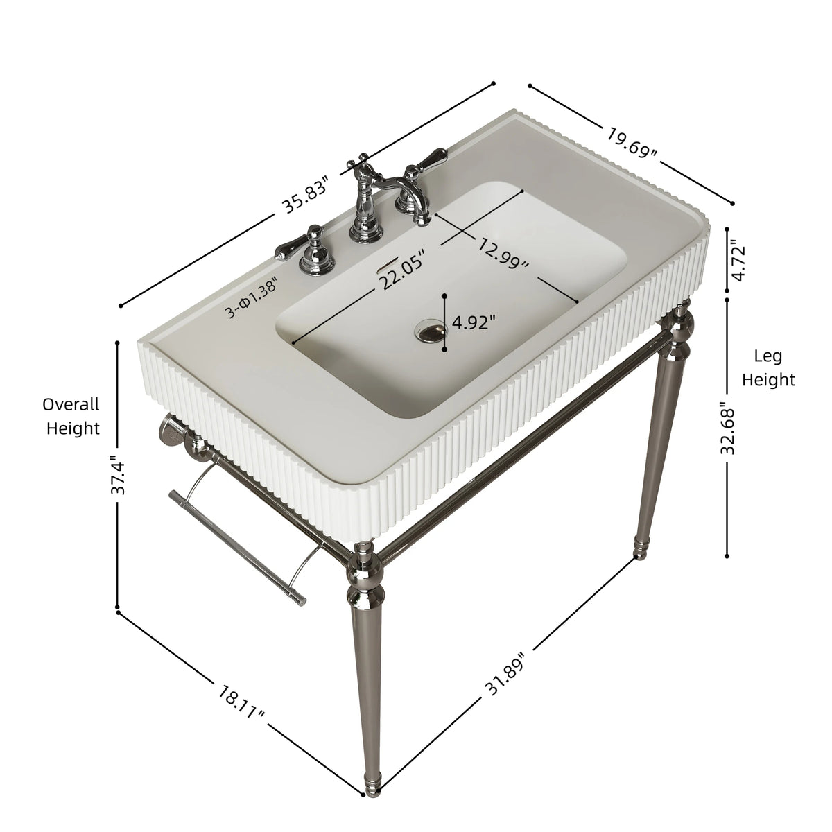 VICO 36" Freestanding Bathroom Console Vanity with White Solid Surface Integrated Sink, Silver Stainless Steel Support Legs and Towel Bar, 8" Widespread 3-Hole Faucet Configuration, Faucet and Sink Drain Not Included
