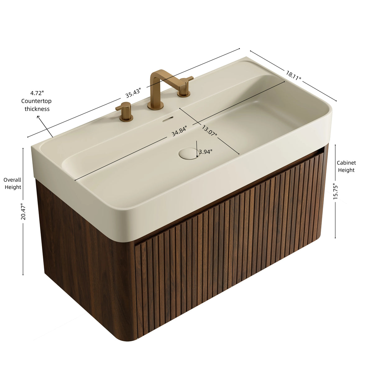 LORAN 36" Wall-Mounted Bathroom Vanity with Warm Cream Beige Solid Surface Integrated Basin, Floating Storage Cabinet, Walnut Woodgrain, 8" Widespread 3-Hole Faucet Configuration, Disassembled