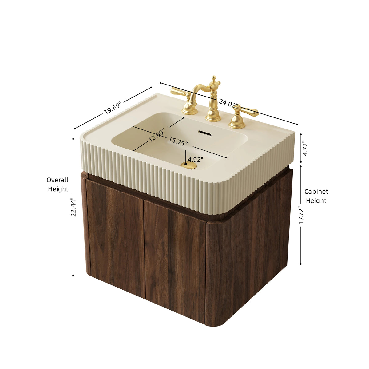 GECO 24" Wall-Mounted Bathroom Vanity with Cream Beige Solid Surface Integrated Basin, Floating Storage Cabinet, Walnut Woodgrain, 8" Widespread 3-Hole Faucet Configuration, Disassembled