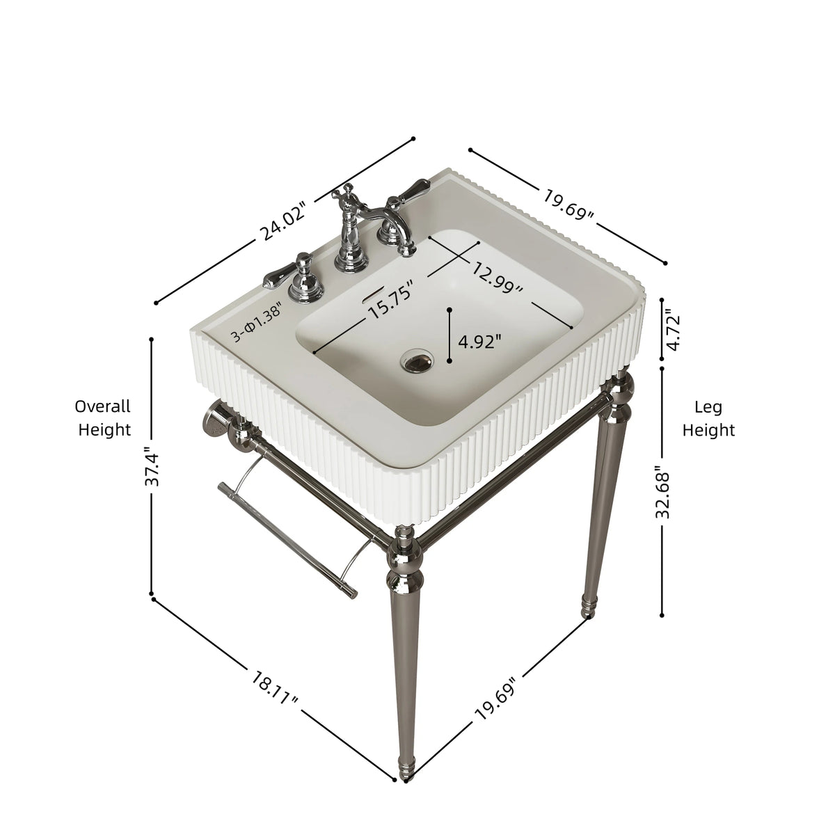 VICO 24" Freestanding Bathroom Console Vanity with White Solid Surface Integrated Sink, Silver Stainless Steel Support Legs and Towel Bar, 8" Widespread 3-Hole Faucet Configuration, Faucet and Sink Drain Not Included