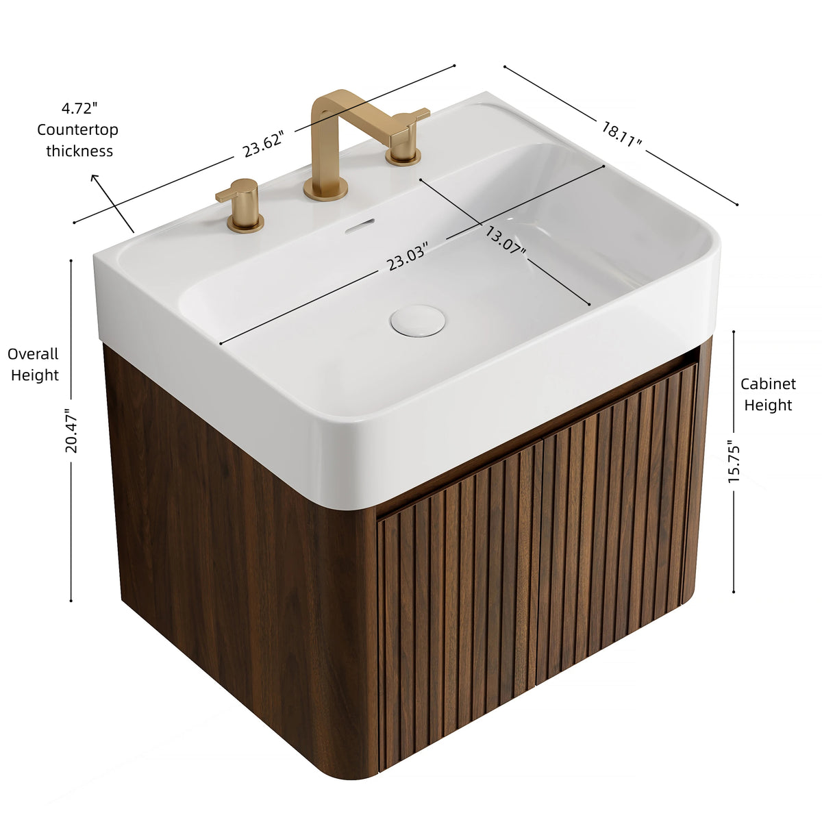 LORAN 24" Wall-Mounted Bathroom Vanity with White Solid Surface Integrated Basin, Floating Storage Cabinet, Walnut Woodgrain, 8" Widespread 3-Hole Faucet Configuration, Disassembled