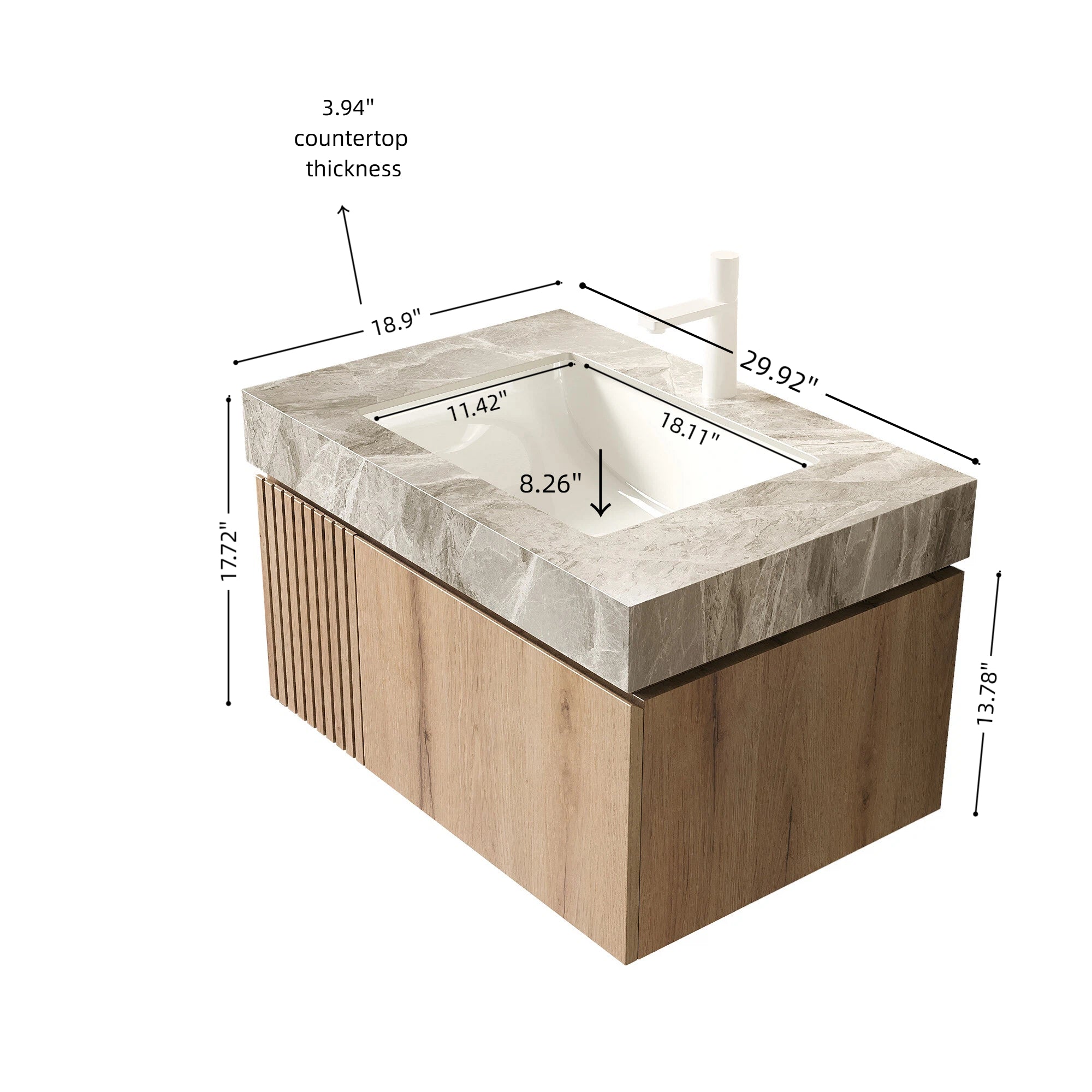 MURI 30" Wall-Mounted Bathroom Vanity with Light Gray Sintered Stone Top & Ceramic Sink, Floating Cabinet with Drawer and Door, Natural Oak Woodgrain, Pre-Assembled