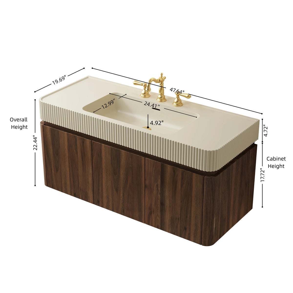 GECO 48" Wall-Mounted Bathroom Vanity with Cream Beige Solid Surface Sink, Floating Storage Cabinet with Drawer and Door, Walnut Woodgrain, 3 Pre-Drilled Faucet Holes, Disassembled