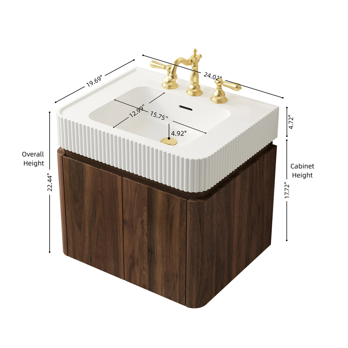 GECO 24" Wall-Mounted Bathroom Vanity with White Solid Surface Integrated Basin, Floating Storage Cabinet, Walnut Woodgrain, 8" Widespread 3-Hole Faucet Configuration, Disassembled