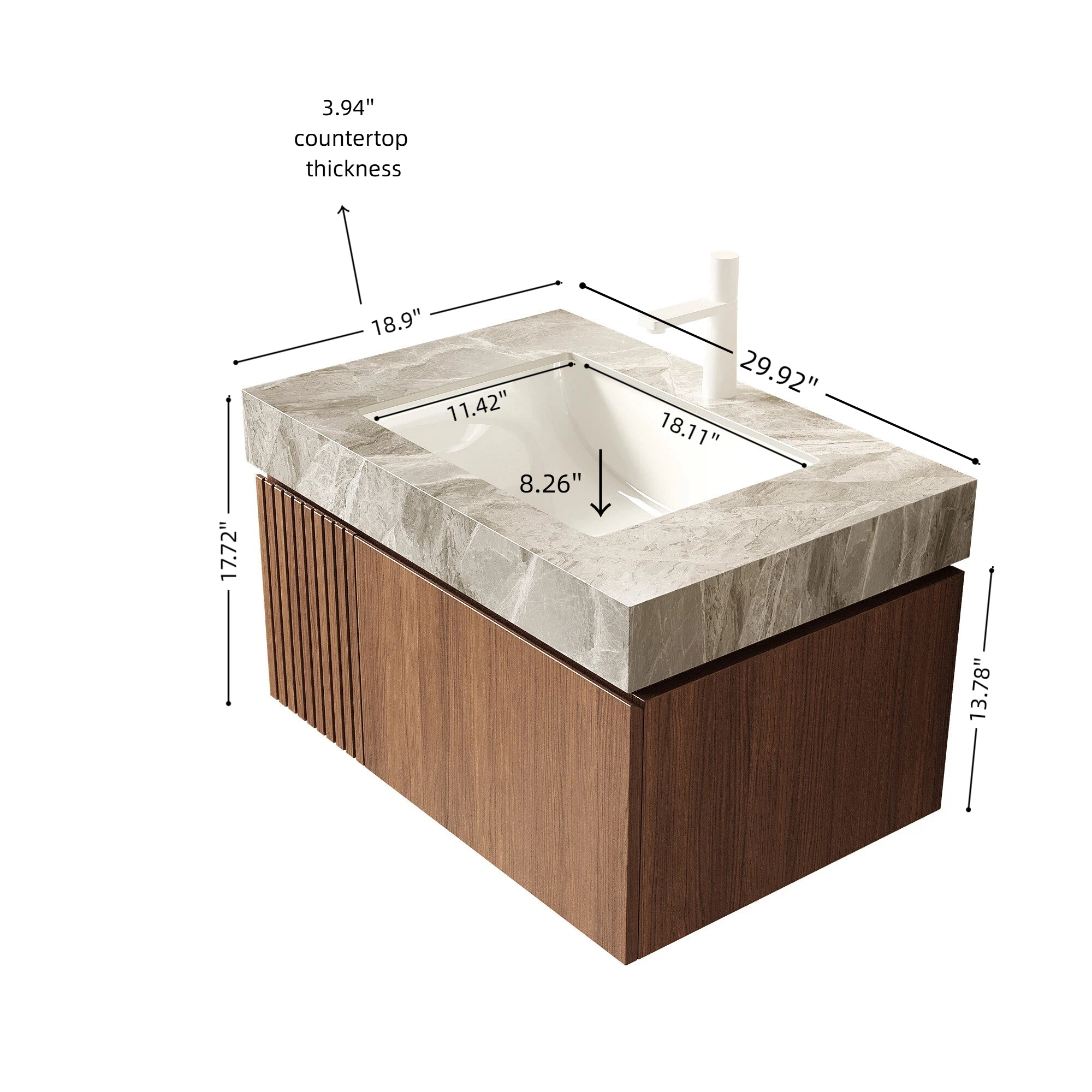 MURI 30" Wall-Mounted Bathroom Vanity with Light Gray Sintered Stone Top & Ceramic Sink, Floating Cabinet with Drawer and Door, Brown Oak Woodgrain, Pre-Assembled