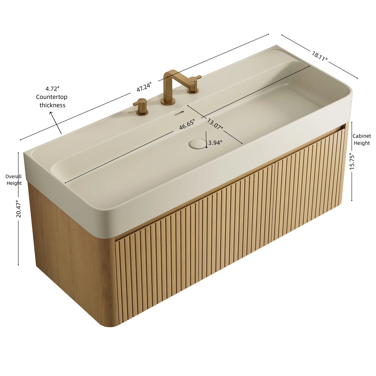 LORAN 48" Wall-Mounted Bathroom Vanity with Warm Cream Beige Solid Surface Integrated Basin, Floating Storage Cabinet, Corolla Oak Woodgrain, 8" Widespread 3-Hole Faucet Configuration, Disassembled