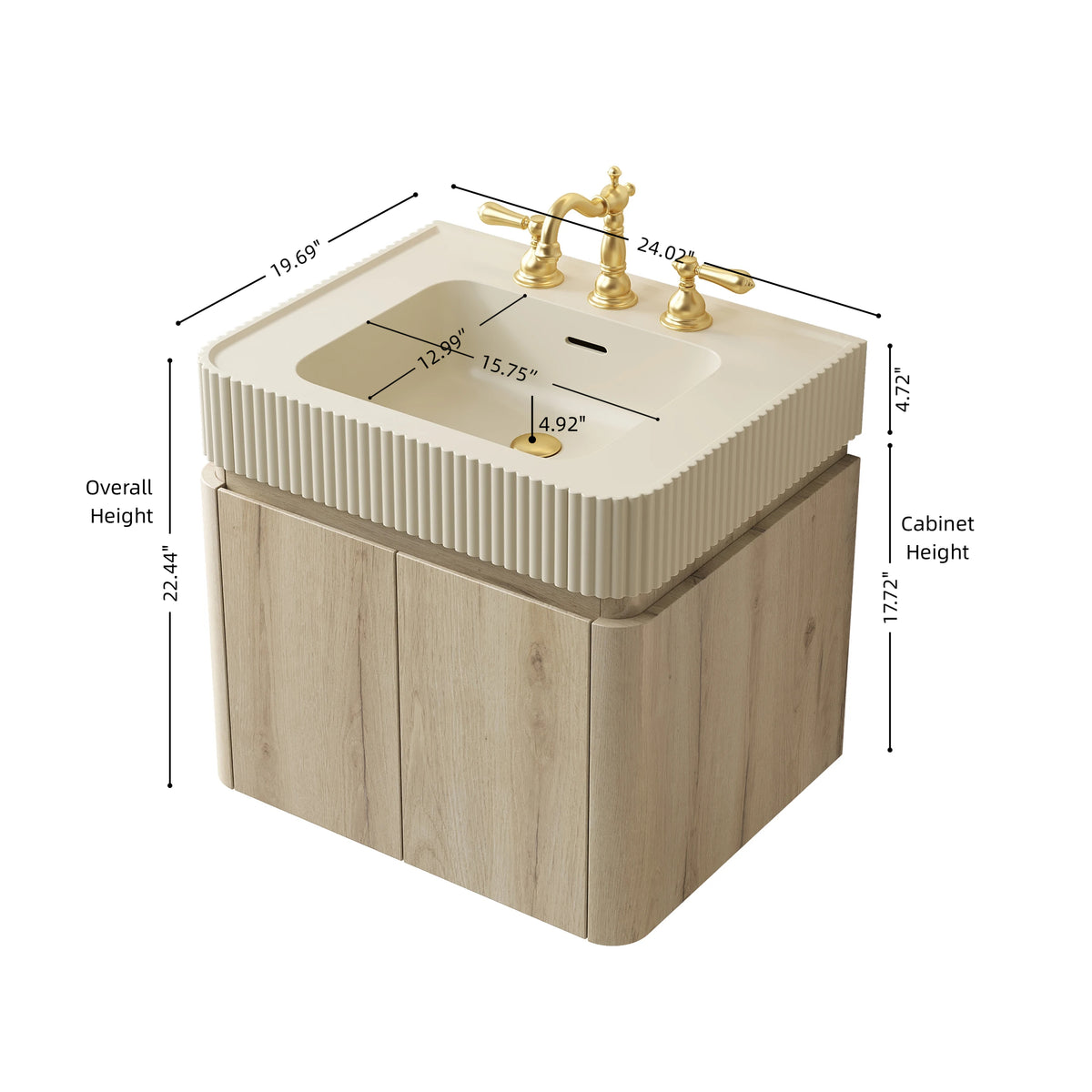 GECO 24" Wall-Mounted Bathroom Vanity with Cream Beige Solid Surface Integrated Basin, Floating Storage Cabinet, White Oak Woodgrain, 8" Widespread 3-Hole Faucet Configuration, Disassembled