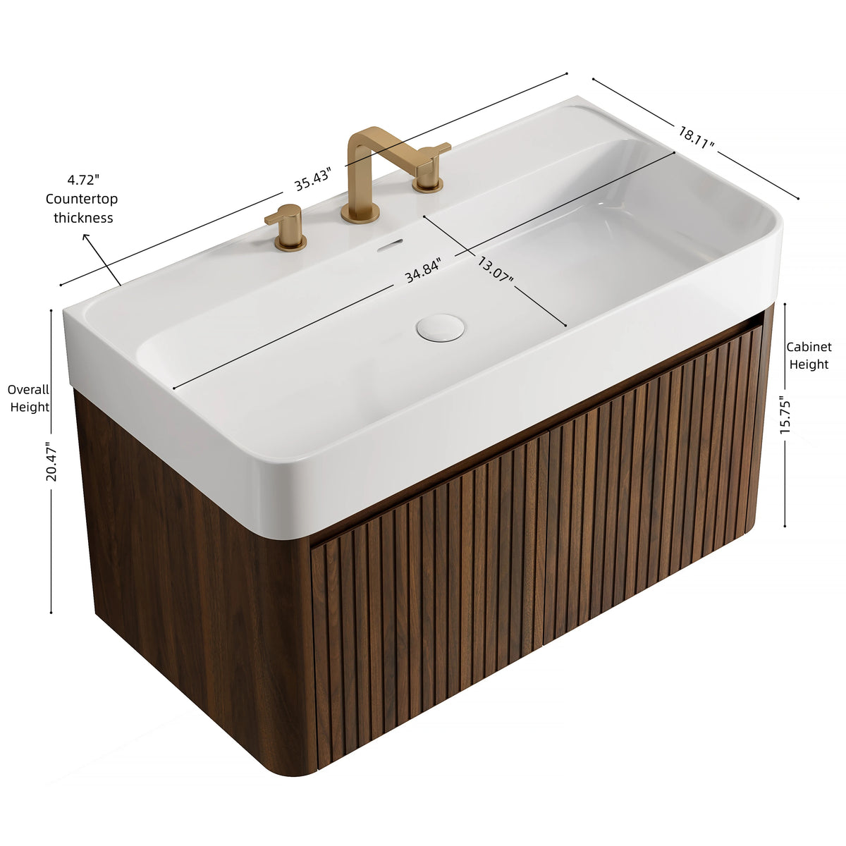 LORAN 36" Wall-Mounted Bathroom Vanity with White Solid Surface Integrated Basin, Floating Storage Cabinet, Walnut Woodgrain, 8" Widespread 3-Hole Faucet Configuration, Disassembled