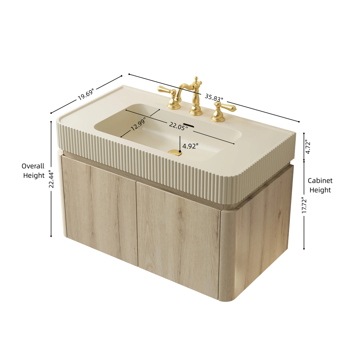 GECO 36" Wall-Mounted Bathroom Vanity with Cream Beige Solid Surface Integrated Basin, Floating Storage Cabinet, White Oak Woodgrain, 8" Widespread 3-Hole Faucet Configuration, Disassembled