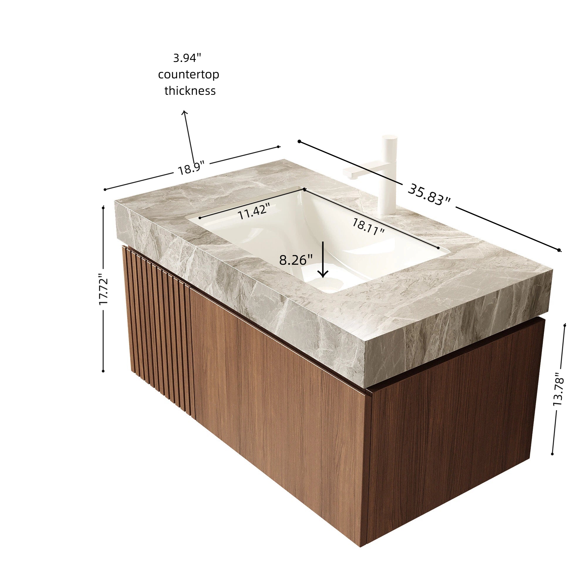 MURI 36" Wall-Mounted Bathroom Vanity with Light Gray Sintered Stone Top & Ceramic Sink, Floating Cabinet with Drawer and Door, Brown Oak Woodgrain, Pre-Assembled