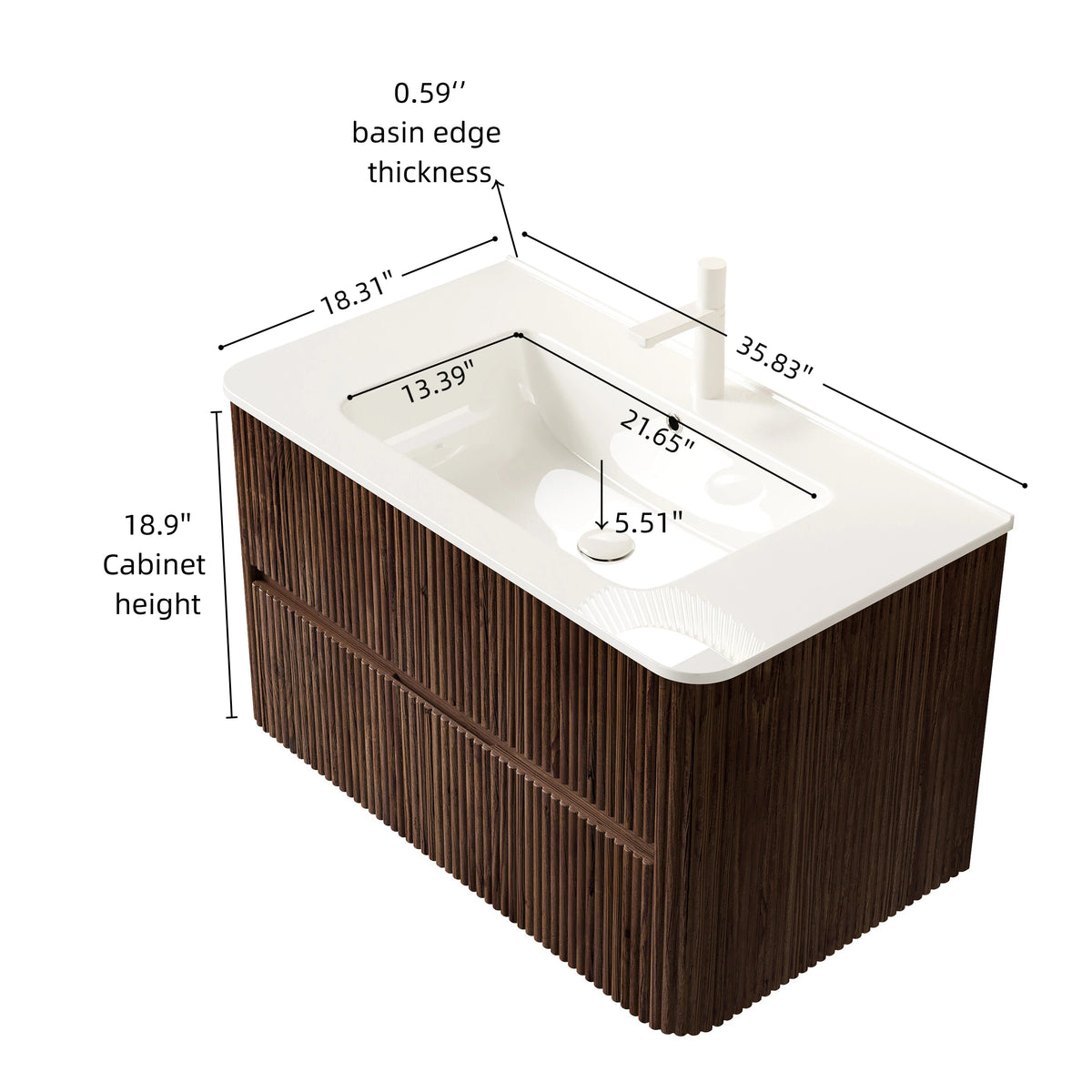 NOOR 36" Bathroom Vanity with Sink, Wall-Mounted Floating Plywood Bathroom Storage Cabinet with 2 Drawers, White Ceramic Basin, NO Faucet, Pre-assembled, Retro Walnut Woodgrain Color