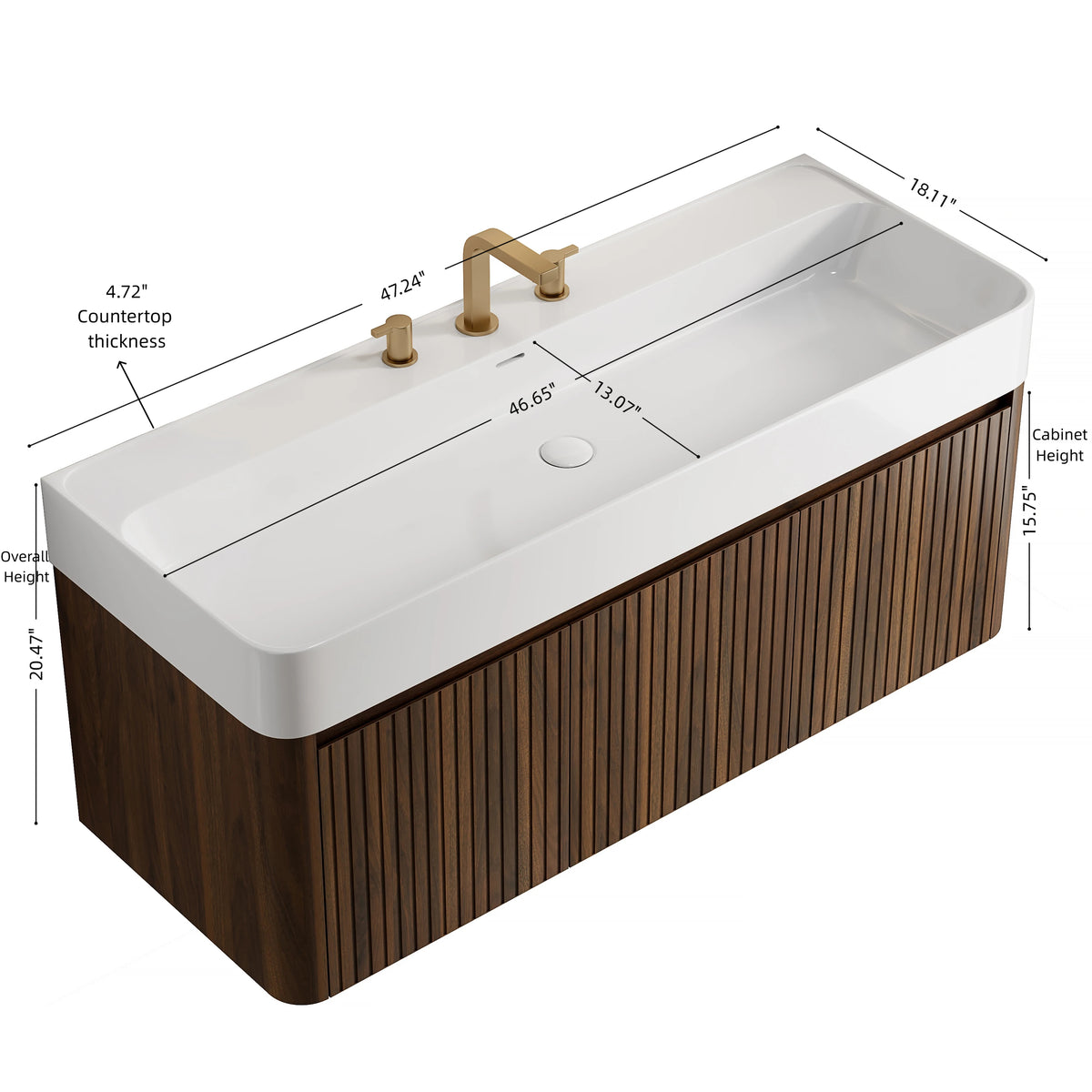 LORAN 48" Wall-Mounted Bathroom Vanity with White Solid Surface Integrated Basin, Floating Storage Cabinet, Walnut Woodgrain, 8" Widespread 3-Hole Faucet Configuration, Disassembled