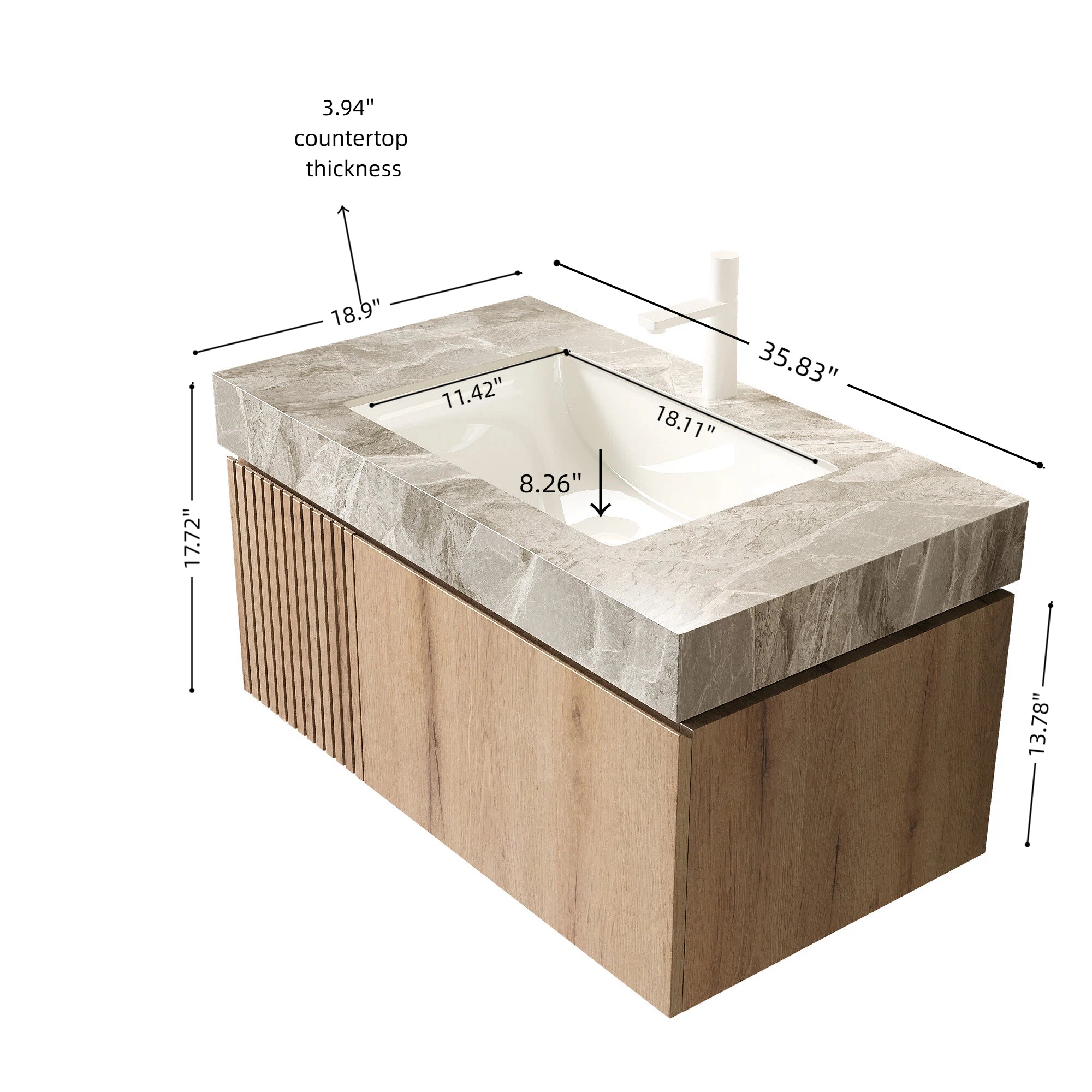 MURI 36" Wall-Mounted Bathroom Vanity with Light Gray Sintered Stone Top & Ceramic Sink, Floating Cabinet with Drawer and Door, Natural Oak Woodgrain, Pre-Assembled