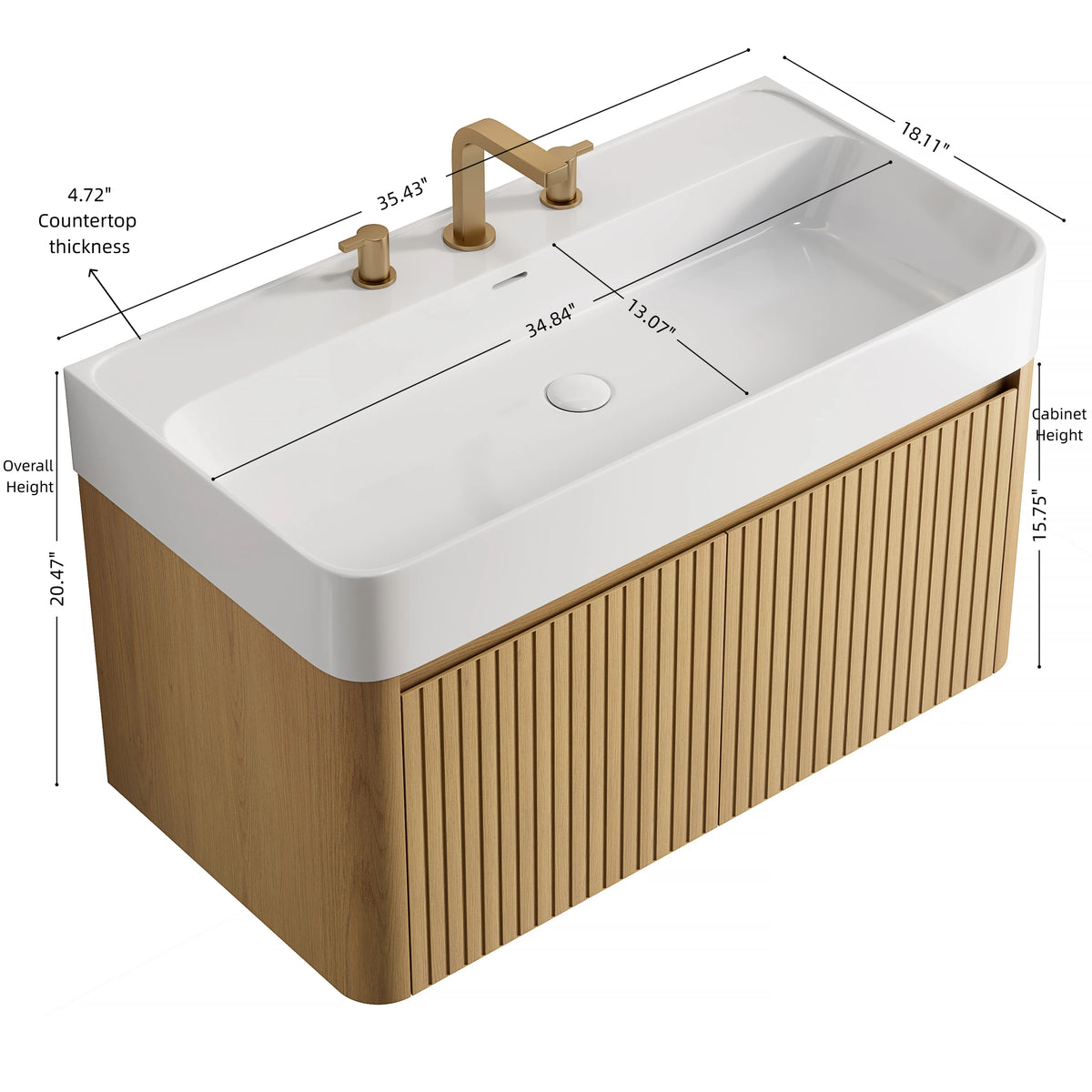 LORAN 36" Wall-Mounted Bathroom Vanity with White Solid Surface Integrated Basin, Floating Storage Cabinet, Corolla Oak Woodgrain, 8" Widespread 3-Hole Faucet Configuration, Disassembled