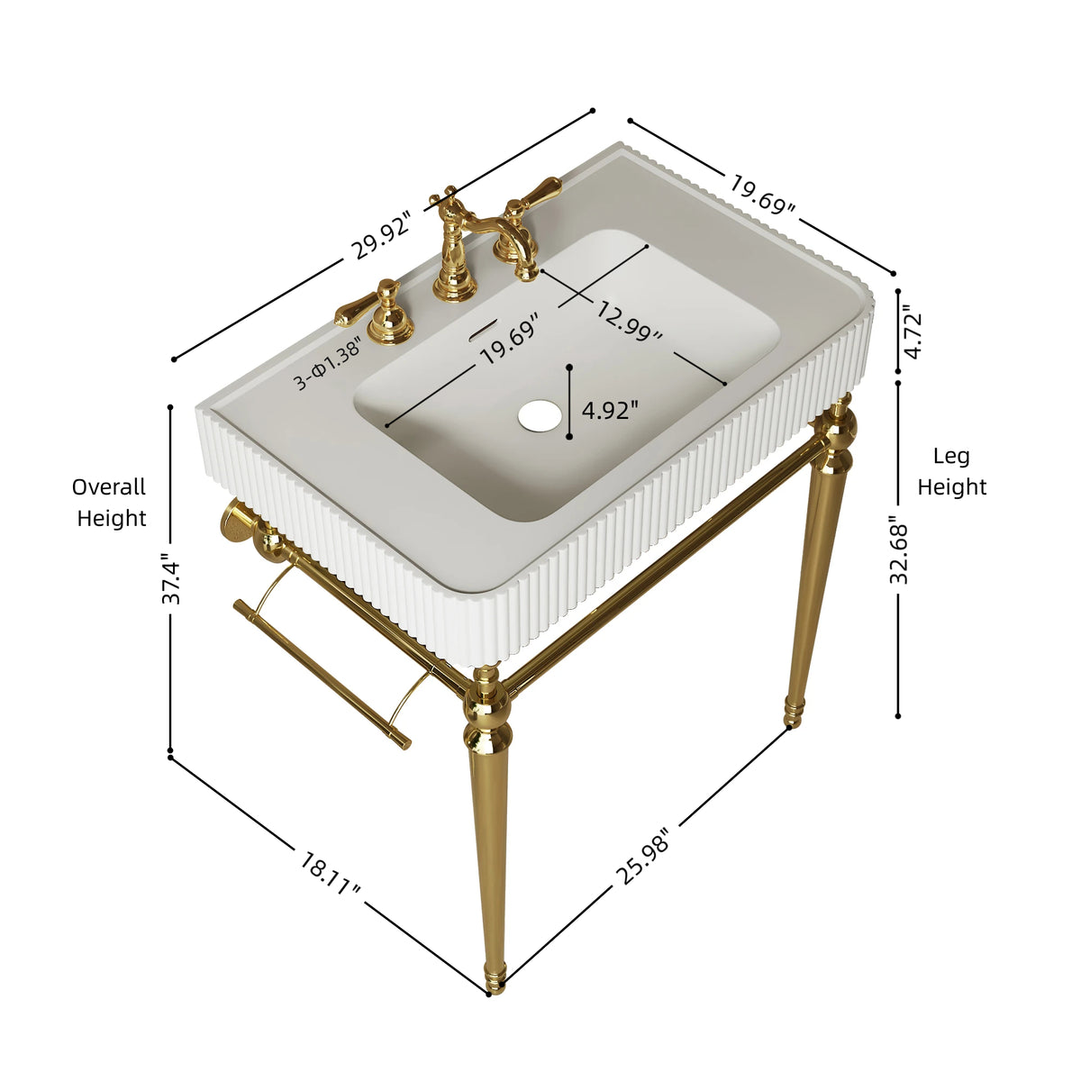 VICO 30" Freestanding Bathroom Console Vanity with White Solid Surface Integrated Sink, Gold Stainless Steel Support Legs and Towel Bar, 8" Widespread 3-Hole Faucet Configuration, Faucet and Sink Drain Not Included