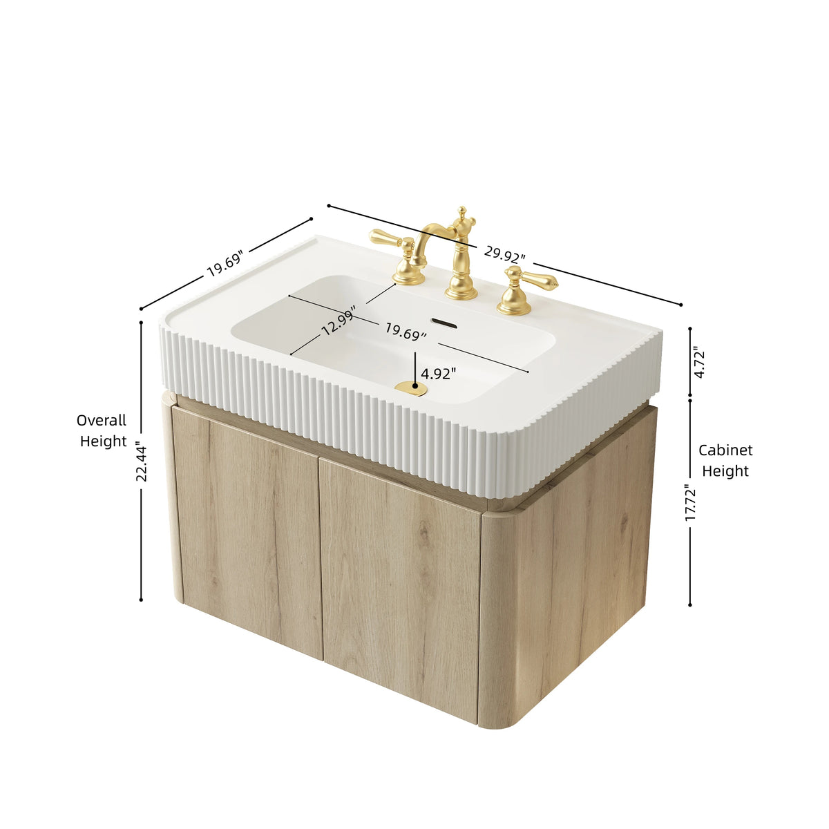 GECO 30" Wall-Mounted Bathroom Vanity with white Solid Surface Integrated Basin, Floating Storage Cabinet, White Oak Woodgrain, 8" Widespread 3-Hole Faucet Configuration, Disassembled