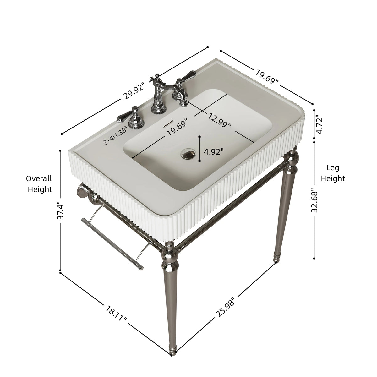 VICO 30" Freestanding Bathroom Console Vanity with White Solid Surface Integrated Sink, Silver Stainless Steel Support Legs and Towel Bar, 8" Widespread 3-Hole Faucet Configuration, Faucet and Sink Drain Not Included