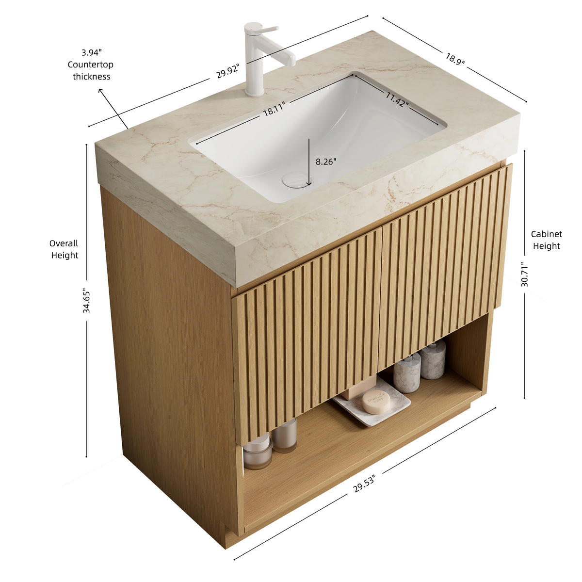 FINO 30" Freestanding Bathroom Vanity with Cream Gold Vein Sintered Stone Countertop and Ceramic Basin, Corolla Oak Woodgrain Cabinet, 1 Pre-Drilled Faucet Hole, Disassembled